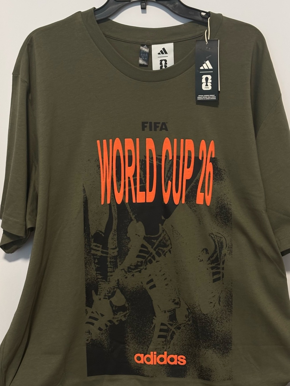adidas Olive Green Tee with Bright Orange WORLD CUP 26 Graphic